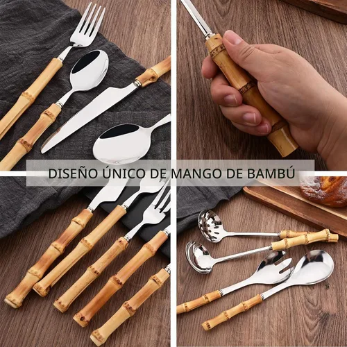 Vista 6 de Juego de cubiertos con mango de bambú, juego de cubiertos de 24 piezas para 6, cubiertos de acero inoxidable, incluye tenedores, cucharas