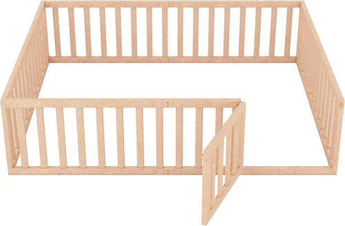 Vista 4 de Bellemave Cama de suelo para niños, marco de cama Montessori tamaño Queen con barandillas de valla para niños, camas de madera para niños y niñas