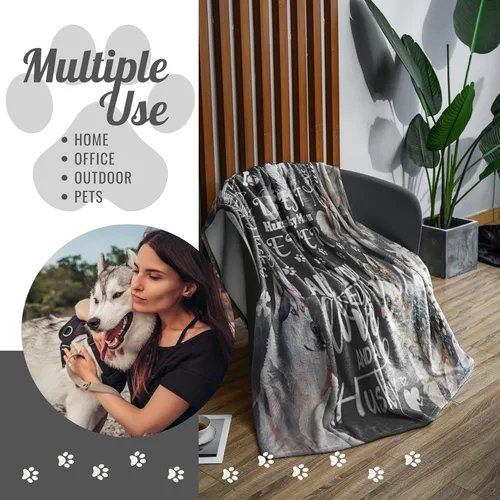 Vista 2 de Huglanket Regalos Husky, manta de franela para mujer, manta de franela para amantes de los perros, dueño de perros, 65 x 50 pulgadas, color negro