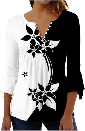 Vista 26 de Ceboyel Blusa tipo túnica con estampado floral para mujer, con botones, estilo Henley, con manga de codo, casual, trajes de moda para mujer