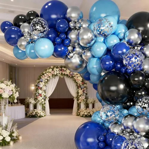 Vista 4 de Kit de arco de globos, 146 globos negros, azules, plateados, blancos, de 18, 12, 10, 5 pulgadas, globos de diferentes tamaños para cumpleaños
