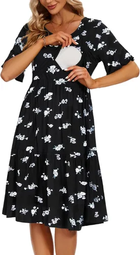 Vista 13 de Smallshow Vestido para maternidad y lactancia con volantes, manga corta, para mujer Verde militar