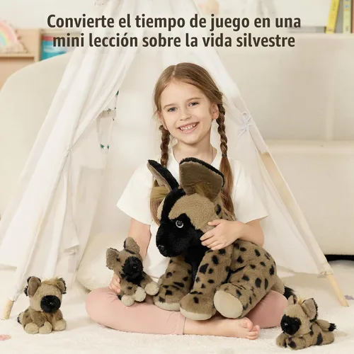 Vista 3 de MorisMos 4 piezas de animales salvajes africanos de peluche, mamá de 18 pulgadas con 3 cachorros de bebé, juguetes de peluche suaves y esponjosos