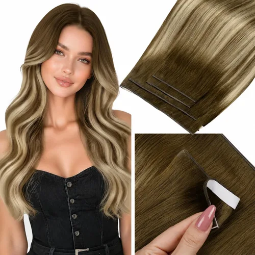 Vista 69 de LaaVoo - Extensiones de cabello humano con cinta adhesiva, color marrón a rubio ceniza, extensiones de cabello humano real, cintas en extensiones