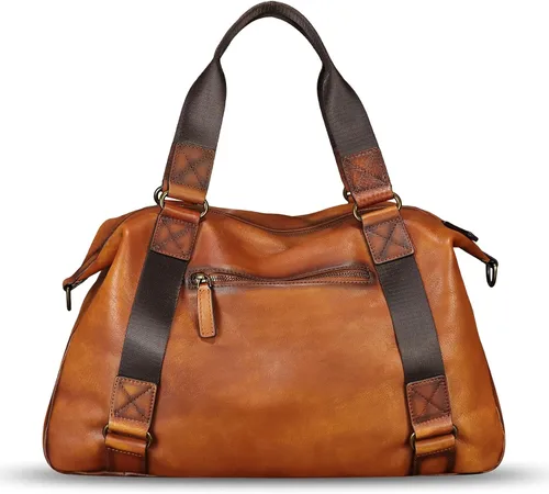 Vista 3 de Monederos grandes de cuero genuino y bolsos para hombres y mujeres, bolso de hombro con asa superior para correa de viaje para computadora portátil
