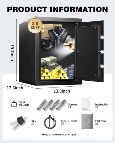 Vista 2 de Caja Fuerte Grande para Oficina en Casa con Alimentación USB-C, Alarma y Cerradura Digital - Gabinete Caja Fuerte de Seguridad de 3.0 Pies Cúbicos