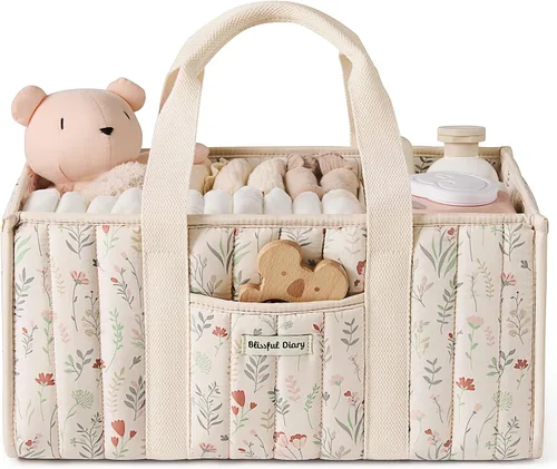 Vista 9 de Blissful Diary Organizador de pañales a cuadros, elegante cesta de almacenamiento para guardería, regalo para baby shower, artículos esenciales