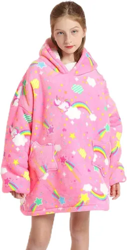Vista 10 de JAMBHALA Manta de gran tamaño con capucha para niños, sudadera con capucha de franela cálida y esponjosa con bolsillos para niños y adolescentes