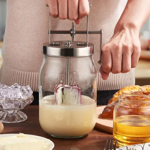 Vista 2 de Butter Churn - Batido de madera con mango de madera para hacer mantequilla manual, batidora de mantequilla, tarro masón de manivela de mano