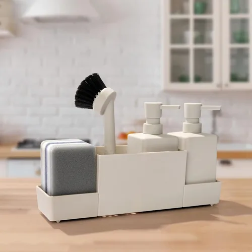 Vista 6 de Dispensador de jabón de cocina con soporte de esponja para fregadero, dispensador de jabón de manos y jabón para platos con cepillo beige mate