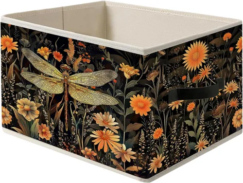 Vista 16 de Caja de Almacenamiento Floral Rústica Azul y Blanca con Asas, Canasta Organizadora Plegable Botánica de Flores Grandmillennial Caja de Juguetes