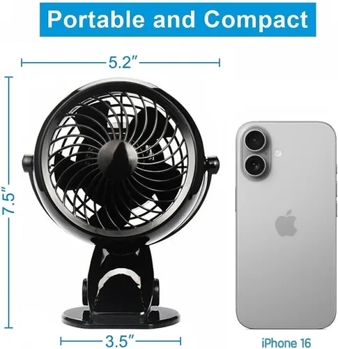 Vista 11 de Gazeled Ventilador de clip a batería, rotación de 360°, con 8 pilas AA gratis, ventilador silencioso USB o a batería, ventilador de clip portátil