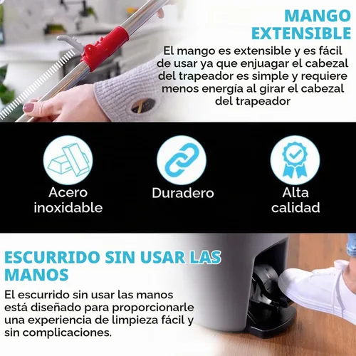 Vista 3 de SIMPLI-MAGIC Trapeador giratorio de 360° y cubo con escurridor - 10,000 ciclos de giro - 3 cabezales de repuesto de microfibra de alta absorción