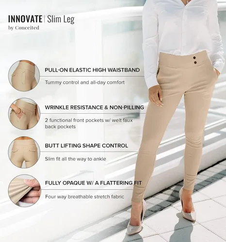 Vista 2 de Conceited Womens Premium Stretch Slim Leg Dress Pants with Pockets - Wear to Work - Ponte Treggings