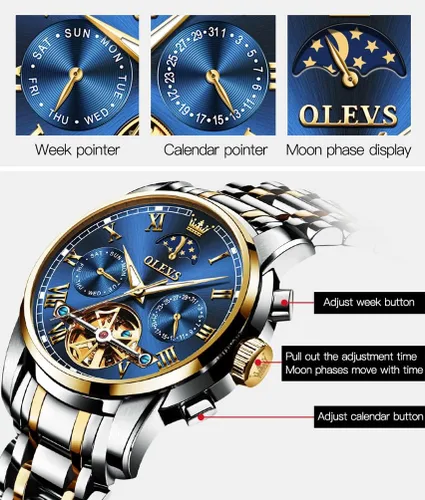 Vista 5 de OLEVS Relojes automáticos para hombre, esqueleto mecánico, de lujo, a la moda, reloj de pulsera luminoso impermeable