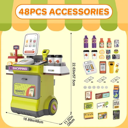 Vista 5 de deAO Juego de caja registradora para niños, 48 piezas de supermercado, juego de simulación de caja registradora con escáner, juego de alimentos
