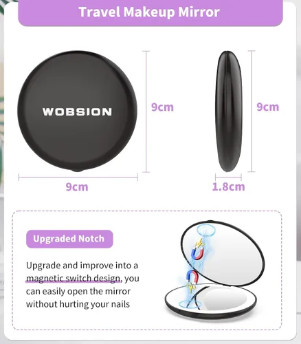 Vista 3 de WOBSION Espejo compacto de viaje, espejo de maquillaje LED portátil 1x/10x con aumento, espejo de bolsillo de 2 caras de mano, espejo pequeño