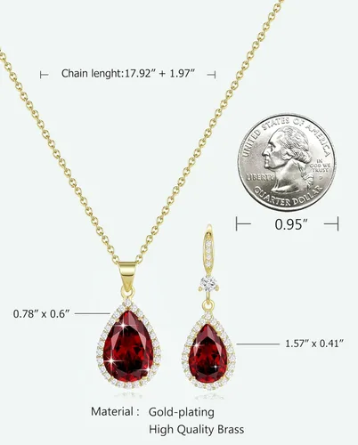 Vista 3 de Sumonyo Juego de joyas para mujer, collar con colgante de lágrima chapado en plataoro, aretes colgantes, juegos de piedras natales, diamantes