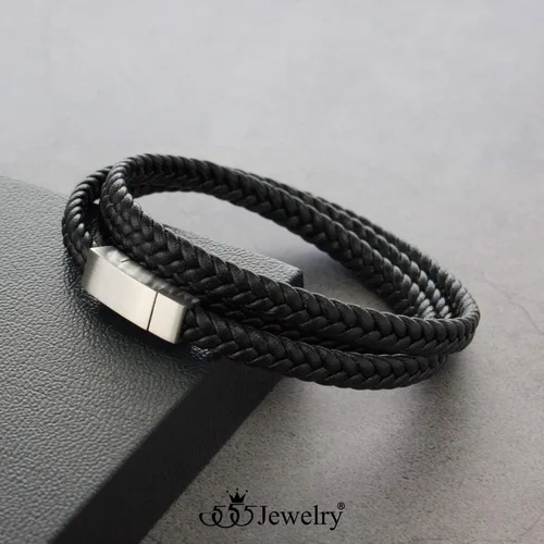 Vista 5 de 555Jewelry Pulsera de cierre magnético de cordón de cuero trenzado de acero inoxidable, Metal