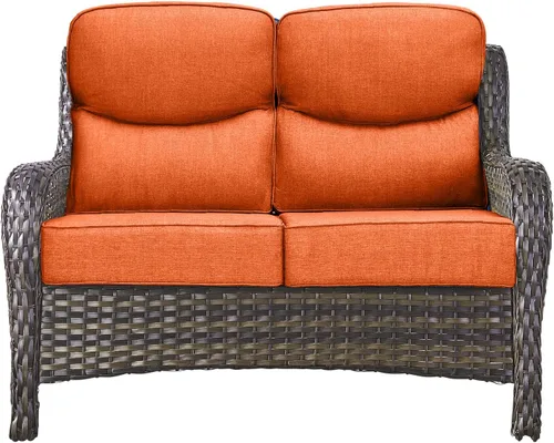 Vista 15 de Sofá Pop Patio de 2 plazas para exteriores con cojines gruesos de botones, respaldo alto, muebles de ratán de mimbre marrón resistentes y cómodos