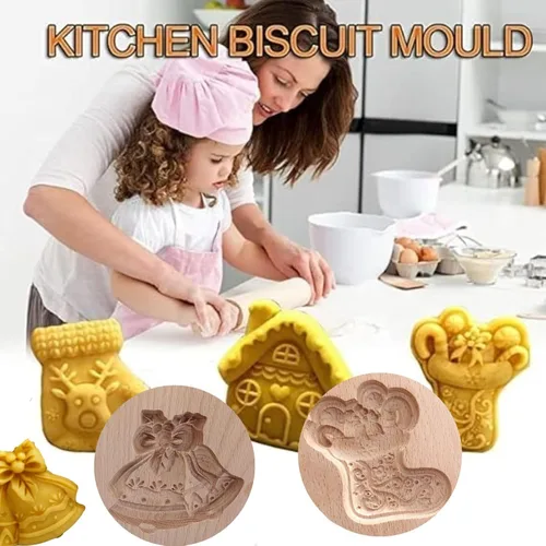 Vista 4 de Moldes de madera para galletas, molde de madera tallada para hornear, molde de galletas de cocina, cortador de galletas de madera, moldes de prensa