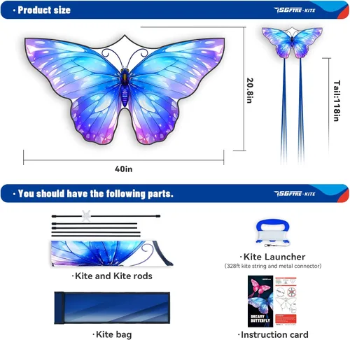 Vista 5 de SGftre Cometa de mariposa para niños y niñas, fácil de volar, juguete perfecto para niños y adultos, ideal para diversión en la playa y actividades
