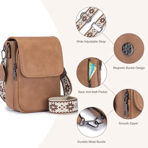 Vista 6 de POIUGOYA Bolsos cruzados pequeños para mujer, a la moda, de cuero, con triple compartimento, para teléfono celular, con correa ajustable