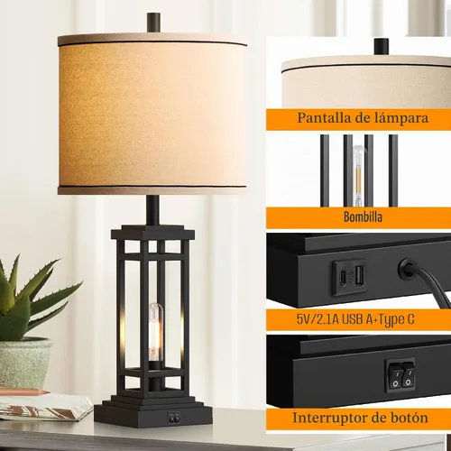 Vista 4 de ROTTOGOON Lámpara de mesa de granja de 27.5 pulgadas de altura con puertos de carga USB C + USB A, lámpara rústica para sala de estar, lámpara