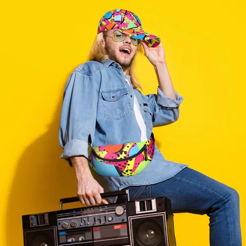 Vista 6 de Riñonera de 2 piezas de los años 80 y 90 para mujeres y hombres, traje de los años 90, sombrero de cintura ajustable, bolsa retro para hombre
