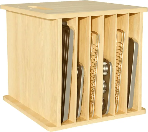 Vista 8 de Separadores de bandeja de madera de 7 niveles para gabinetes, organizador de bandejas para galletas para ollas, sartenes, organizador de bandejas