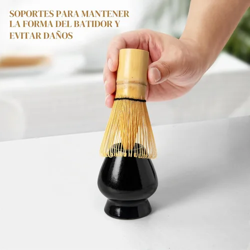 Vista 5 de Juego de batidor de matcha, kit para hacer matcha con batidor (soporte Chasen), soporte de batidor de cerámica (negro), pala de bambú, tamizador
