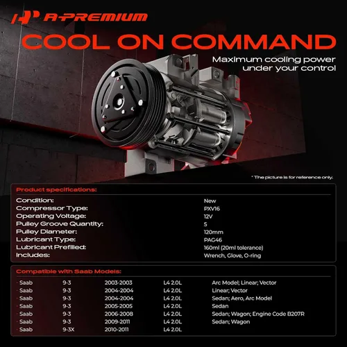 Vista 2 de A-Premium Compresor de aire acondicionado CA con embrague compatible con Saab 9-3 2.0L 2003-2011, 9-3X 2.0L 2010-2011
