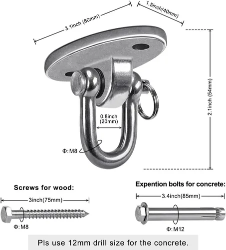 Vista 6 de SELEWARE 2 perchas de acero inoxidable de 180° de capacidad de 2000 libras, ganchos de columpio resistentes para techo de hormigón de madera
