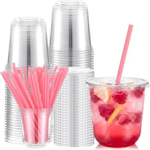 Vista 13 de Ziliny Juego de 50 vasos de plástico de paja negra con pajitas y tapas en forma de corazón, tazas desechables para café helado, mascotas