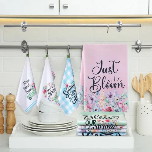 Vista 4 de Kajaia 6 toallas de cocina de primavera, toallas de mano florales de 15.8 x 23.6 pulgadas, paño de cocina rosa con flores de primavera absorbente
