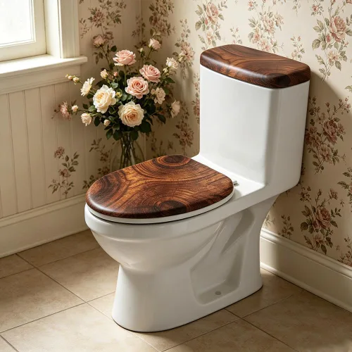 Vista 4 de Juego de 2 fundas de tapa de inodoro de grano de madera y cubierta de tanque, juego de fundas elásticas rústicas para asiento de inodoro