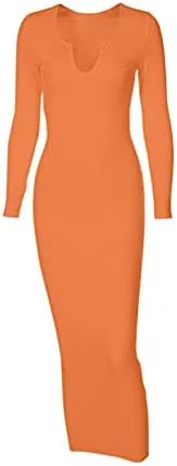 Vista 6 de Mulisky Vestido largo ajustado sexy para mujer, cuello en V profundo, manga larga, acanalado, vestido de fiesta para club