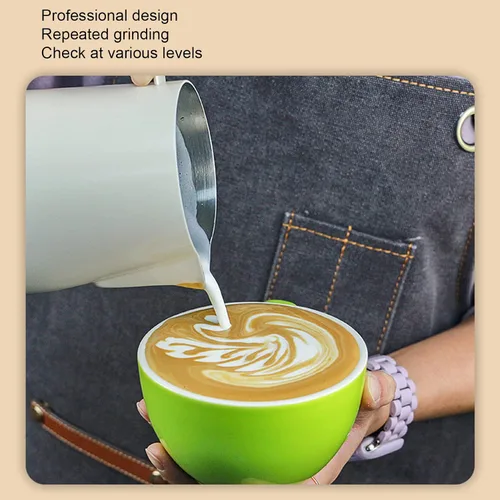 Vista 6 de Jarra de espuma de leche, jarra de vapor de café expreso de leche de acero inoxidable de 24 onzas/23.7 fl oz, herramientas de expreso, arte con Beige