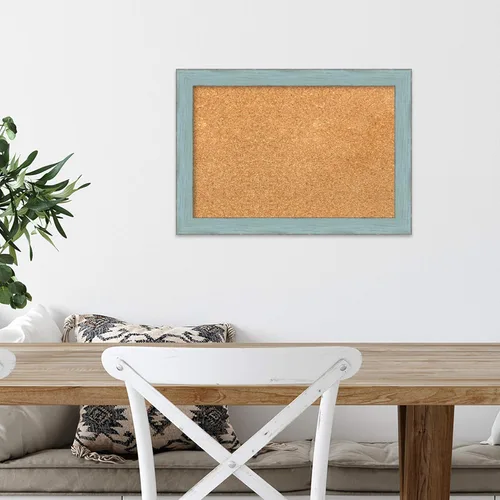 Vista 6 de Amanti Art Tablero de corcho natural para pared (20 x 14) con marco de madera azul rústico azul cielo, pequeño tablero de corcho para oficina