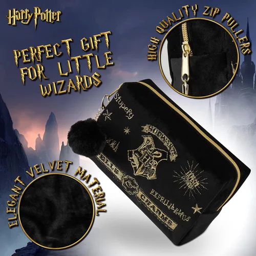 Vista 2 de Harry Potter Regalos para mujeres, bolsa de maquillaje de terciopelo, bolsa de cosméticos, organizador de viaje, pequeña bolsa de aseo para Negro