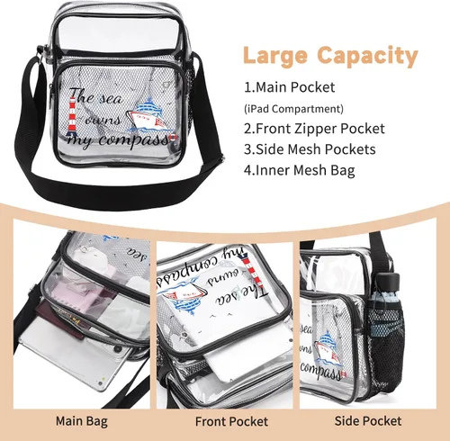 Vista 5 de TINYAT Bolso cruzado transparente para eventos de estadio para mujer, con correa ancha ajustable, bolsa de hombro transparente