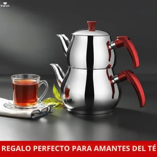 Vista 7 de Hakan Juego de tetera con tapa doble colador, juego de mini tetera doble de acero inoxidable, estilo samovar turco, tetera para té de hojas sueltas