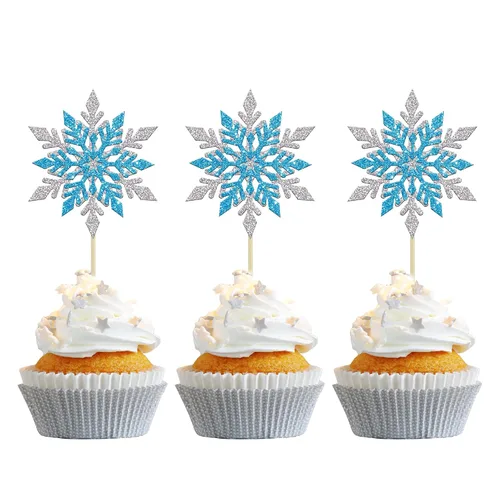 Vista 25 de Gyufise 24 adornos de copos de nieve Oh Baby para cupcakes con purpurina azul, decoración de pastel de baby shower congelado para baby shower