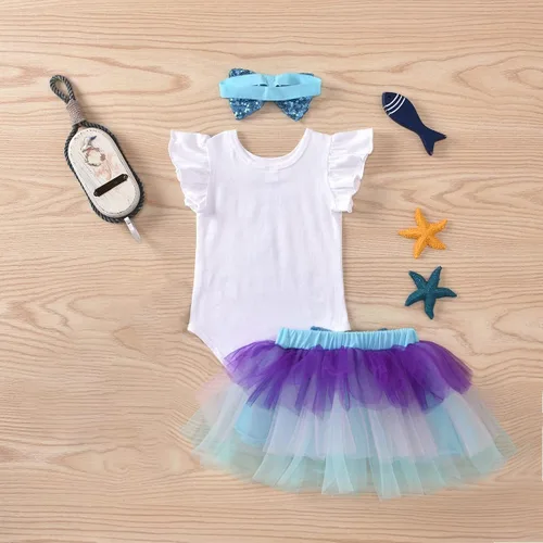 Vista 3 de Conjunto de mameluco de algodón para el primer cumpleaños para niñas con lentejuelas y lazo para la cabeza, 3 piezas