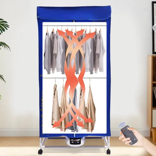 Vista 6 de Secadora de ropa eléctrica de 1500 W, secadora de viaje con 4 ruedas, 3 engranajes, secadora de ropa portátil con control remoto, máquina secadora