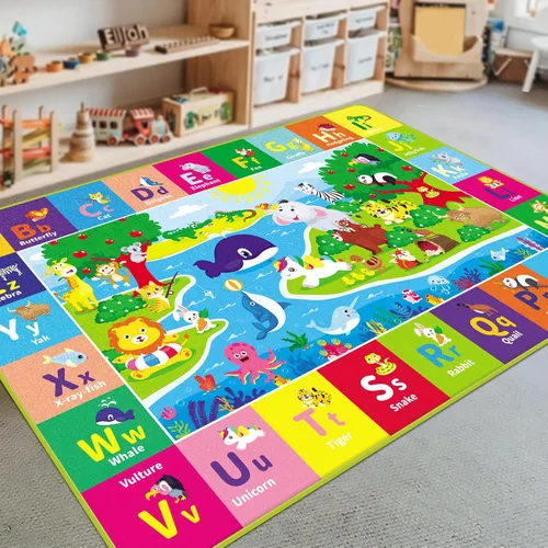 Vista 6 de Alfombra infantil de 5 x 7 pies para sala de juegos, alfombra de juegos con ABC y animales, alfombra antideslizante súper suave para suelo, tapete
