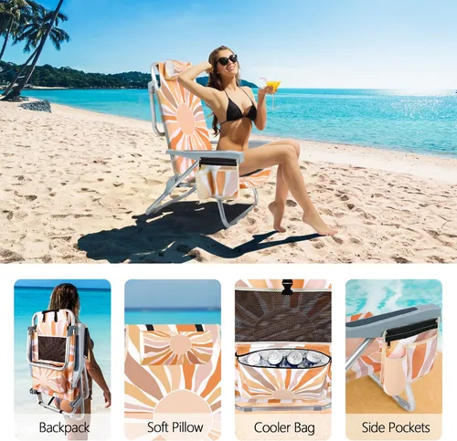 Vista 4 de Silla de playa para adultos, mochila plana de 5 posiciones con enfriador, portavasos y bolsa de almacenamiento, tumbona de playa portátil plegable