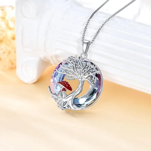 Vista 2 de YOSOPRETTY Collar de seta de plata de ley 925 con colgante de árbol de la vida de rana, caracol, fase lunar, collar con colgante de hongo, joyería