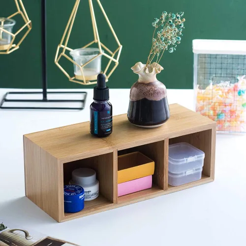 Vista 3 de Soporte para lápices de madera de bambú para escritorio, soporte de control remoto, organizador, almacenamiento de escritorio con 3 compartimentos