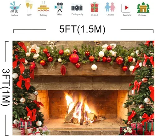 Vista 5 de Lofaris Telón de fondo de chimenea de Navidad de 5 x 3 pies, diseño vintage de árbol de fuego, medias rojas, regalos de fondo de fotografía